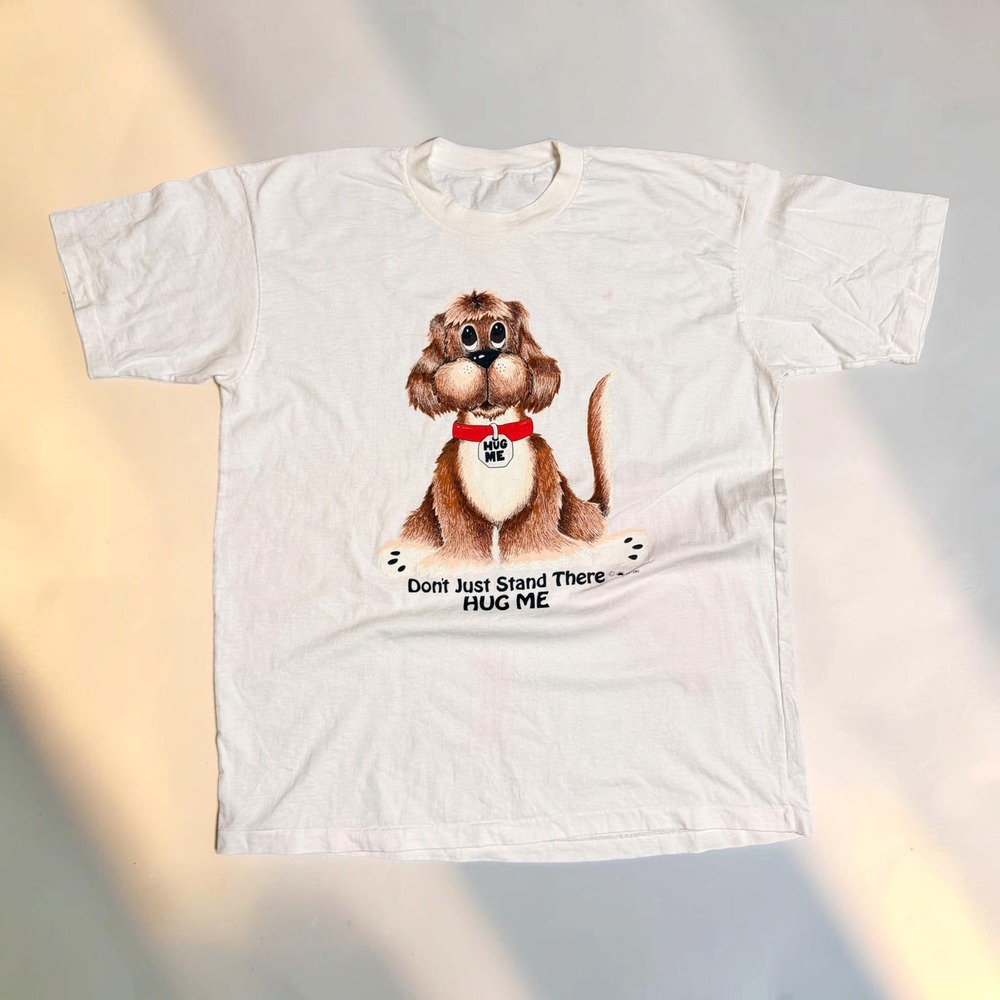 Vintage Hug Me Dog Graphic Tee White Size M 80s Single Stitch Rare